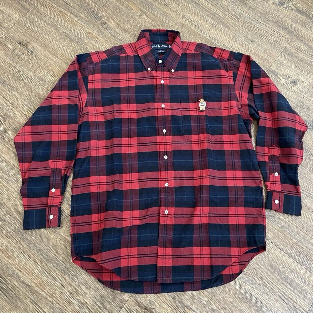Mens Ralph Lauren Polo‎ Blake Fit Red Black Plaid Teddy Bear Shirt Size Medium M